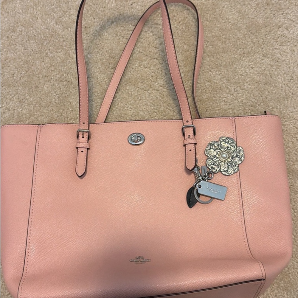 Coach Light Pink Tote Bag with Floral Charm